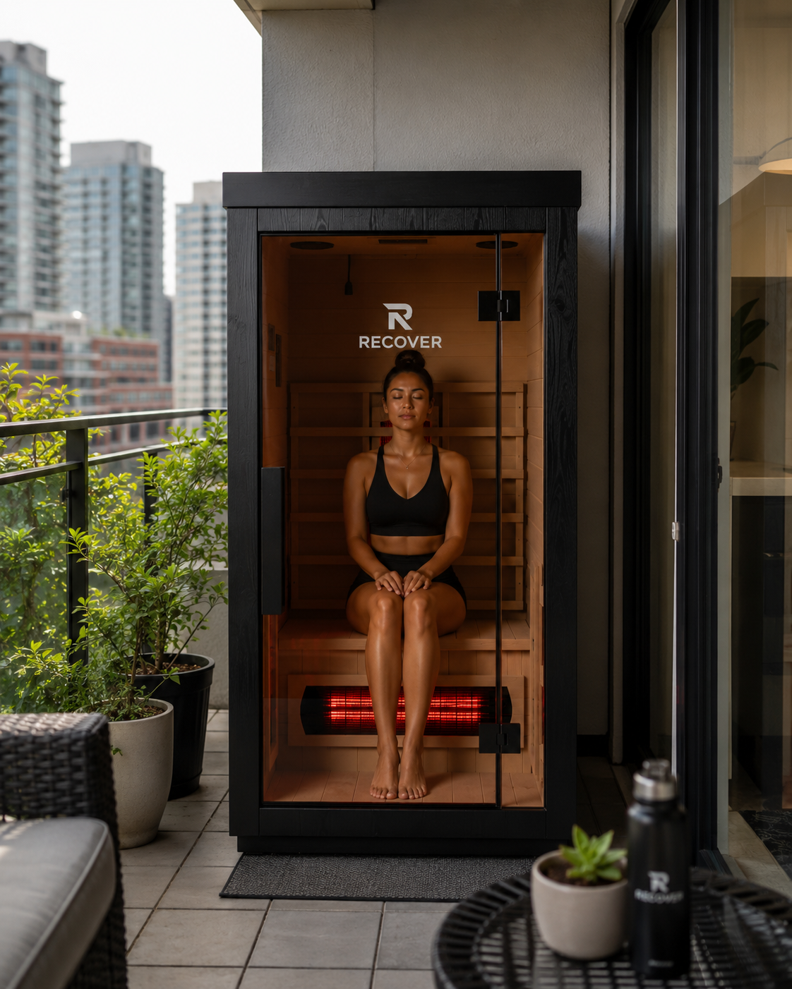 Woman relaxing in the R Sauna Square outdoor far-infrared sauna on a city balcony at dusk