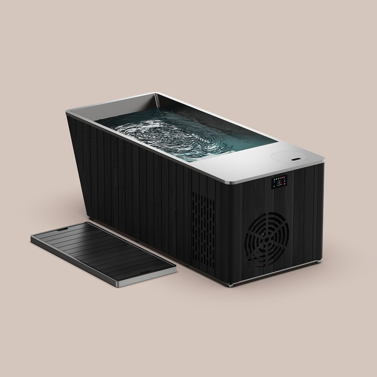 Modern rectangular hot tub with water inside on a beige background