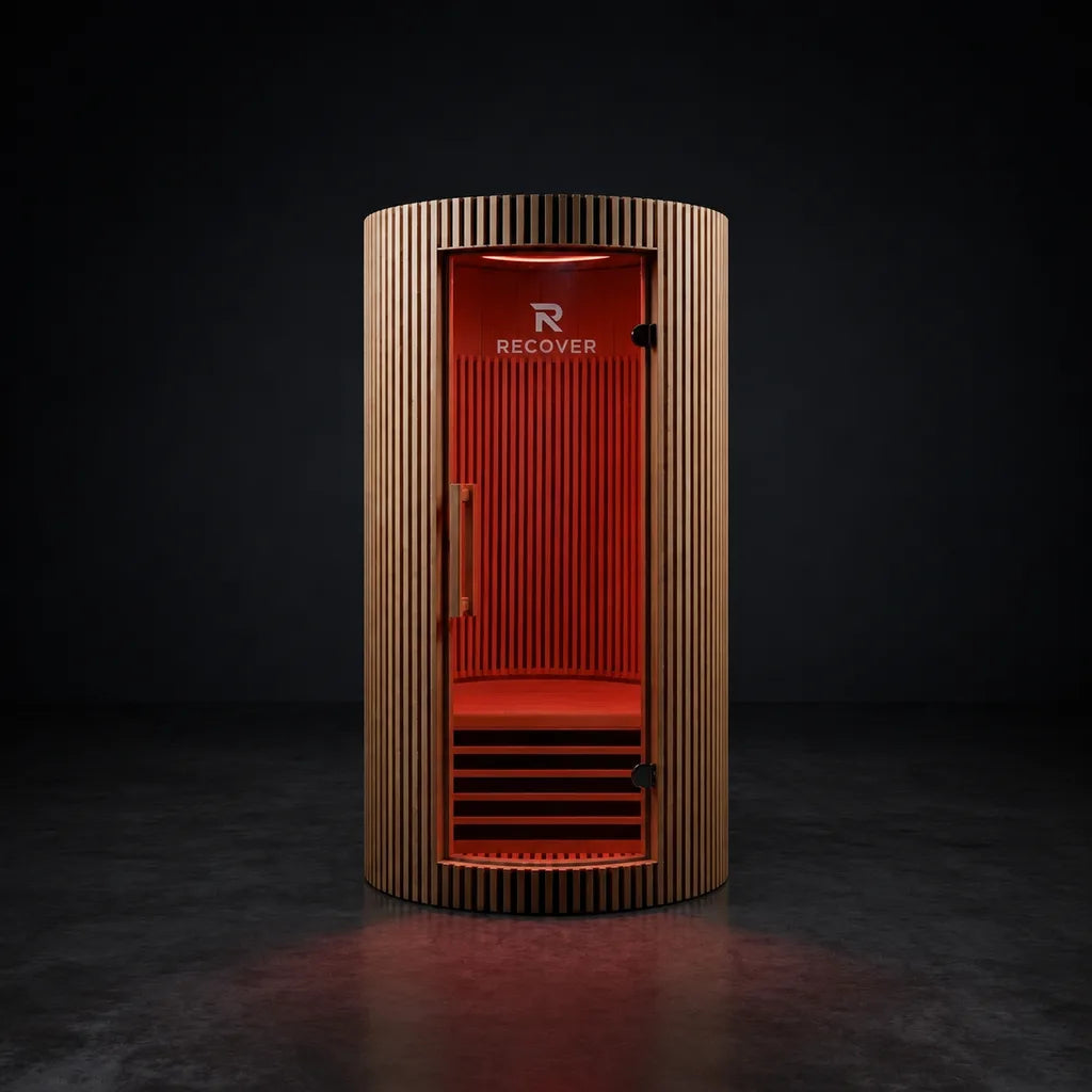 1-person R Sauna Circle far-infrared sauna with red-light interior in a modern home