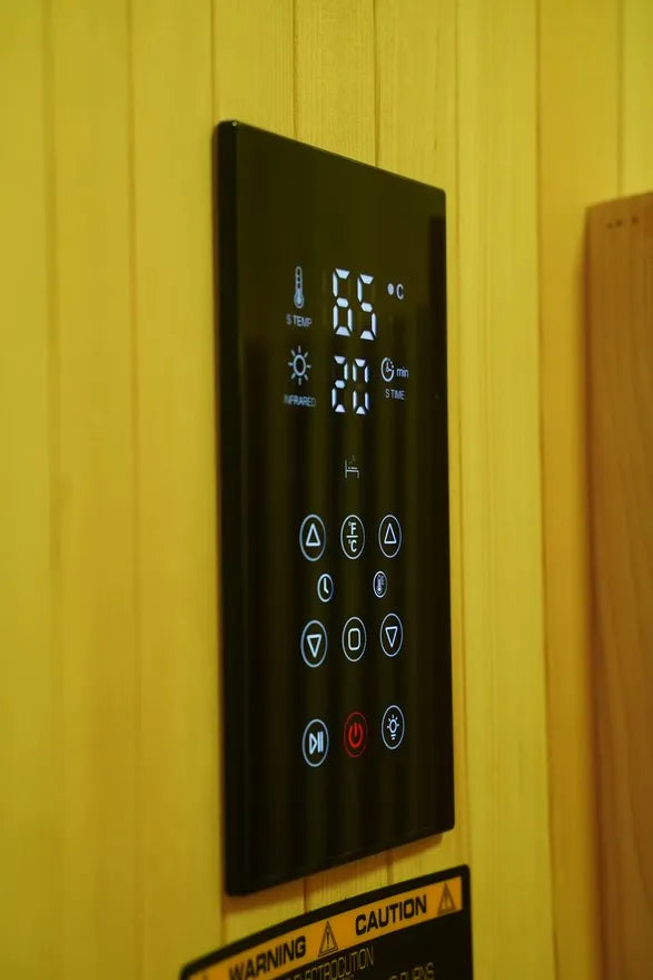 LED touchscreen control panel of the R Sauna Circle far-infrared sauna