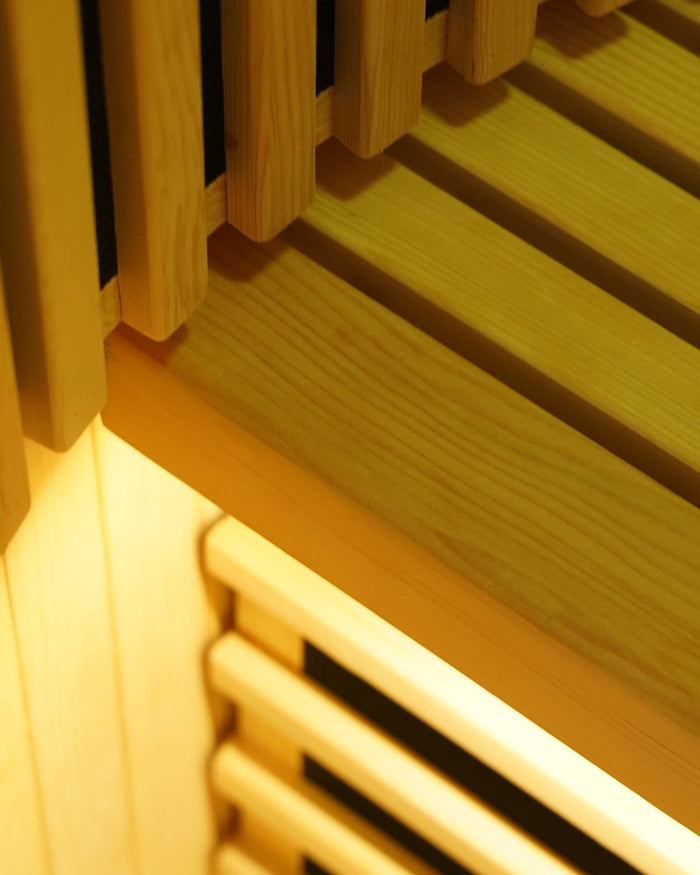 Hemlock slats glowing with infrared warmth