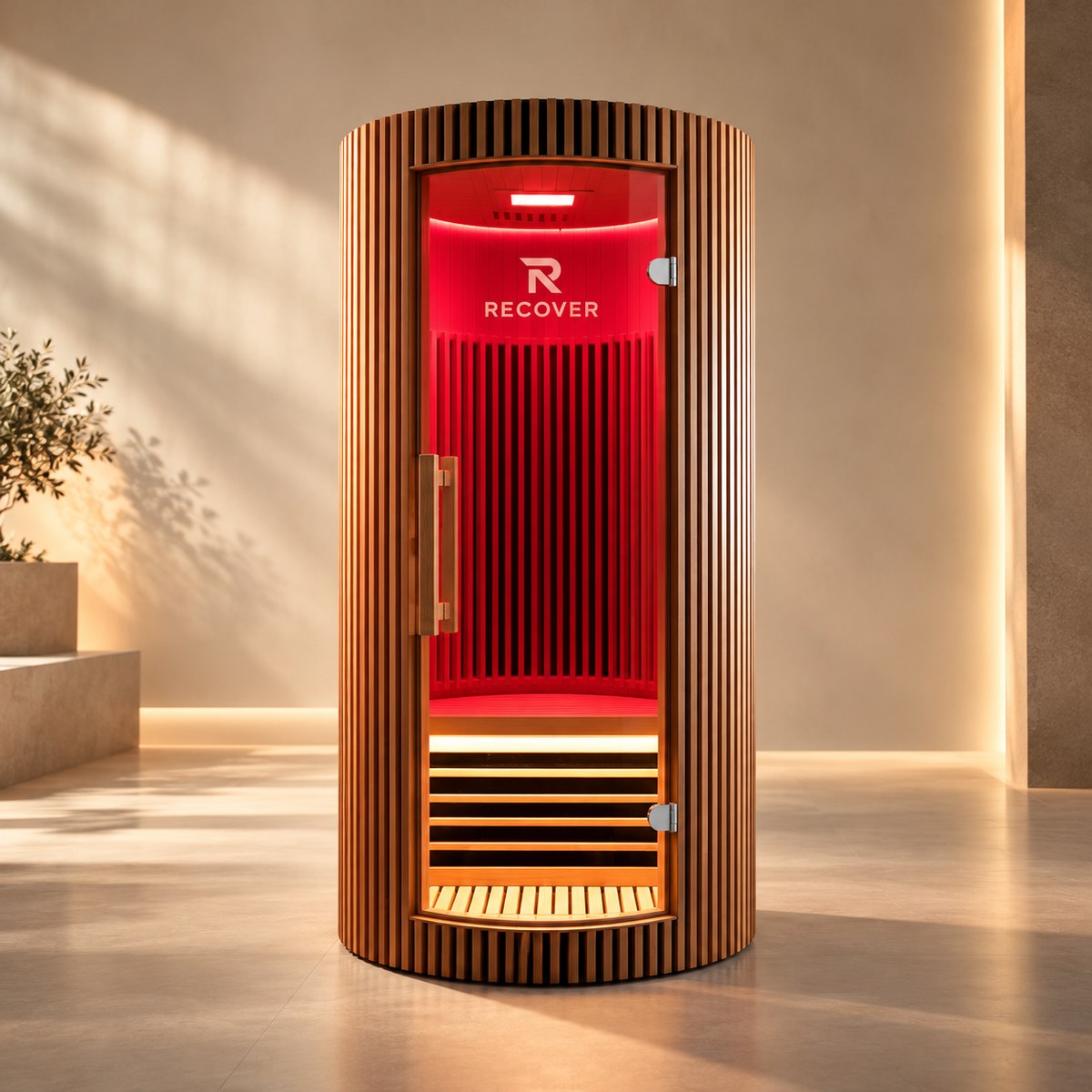 R Sauna Circle glowing red in a warm, sunlit room