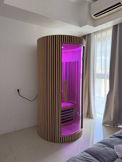 R Sauna Circle in purple light in a room