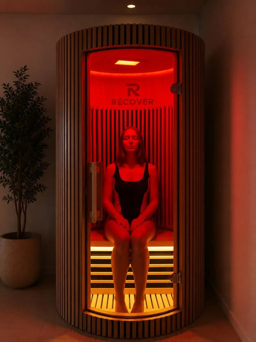 Woman relaxing inside the Recover Circle far-infrared sauna during a recovery session