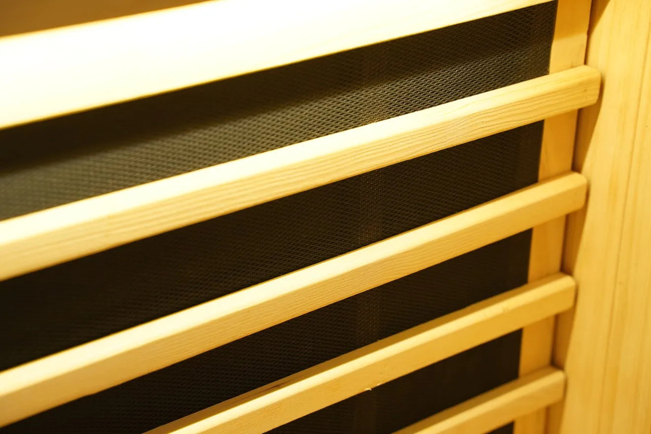 Far-infrared heater panel and hemlock slat interior of the R Sauna Circle sauna