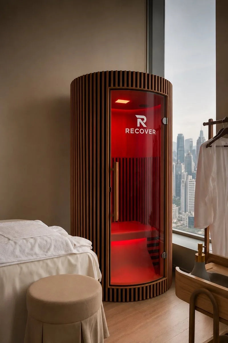 R Sauna Circle in a penthouse bedroom overlooking the city skyline